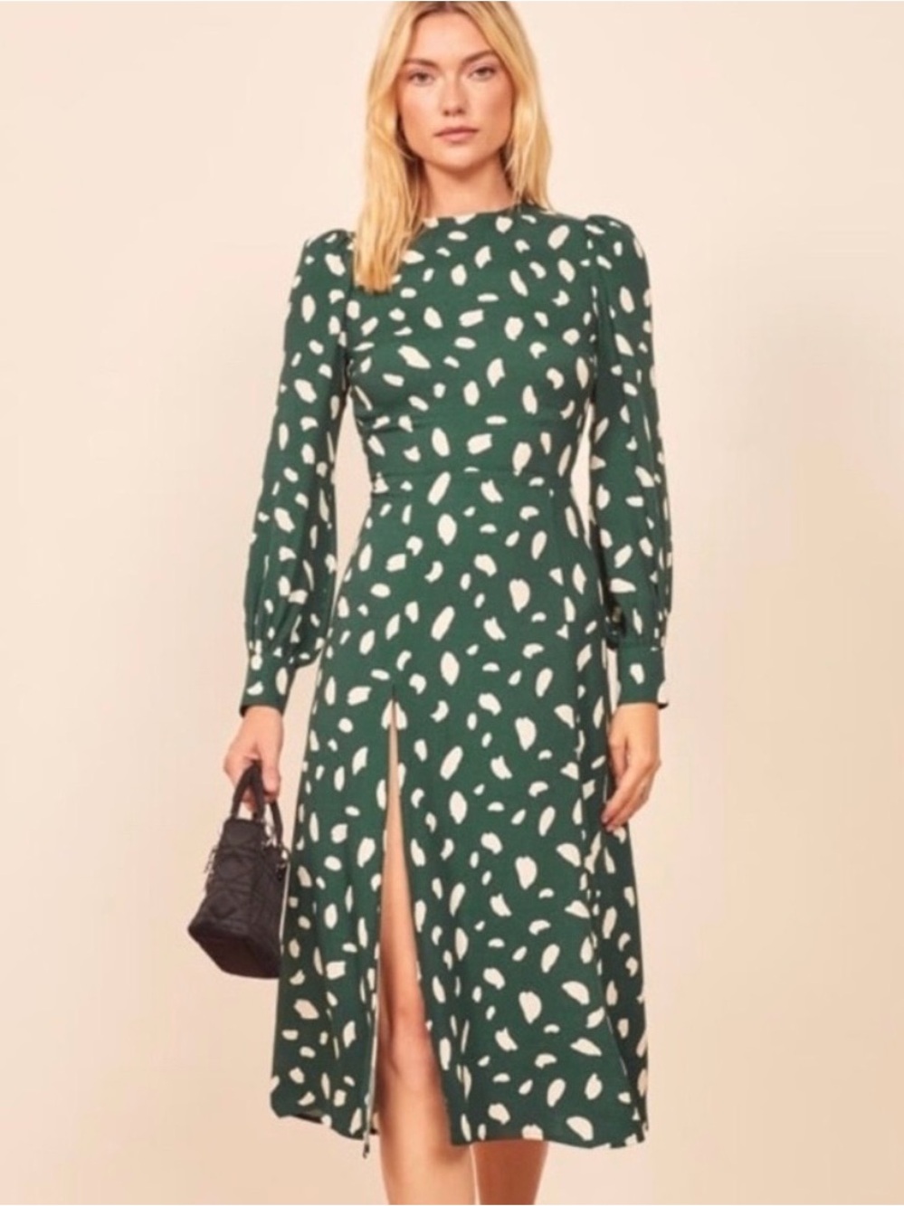 Green and White Printed Long-Sleeve Midi Dress